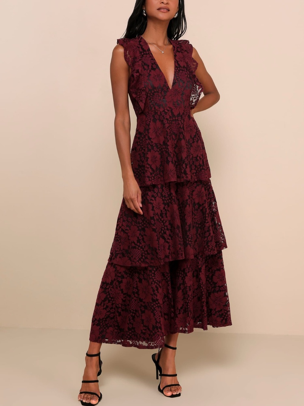 Lulu's Burgundy Lace Tiered V-Neck Maxi Dress